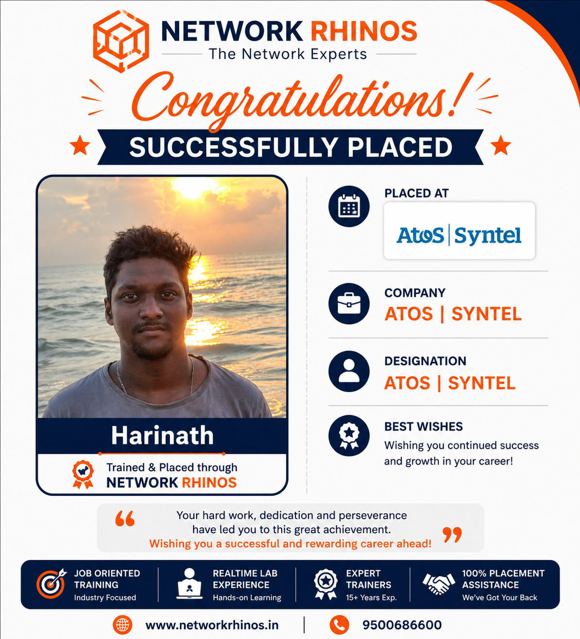 Harinath placed at Atos | Syntel after Network Engineer training at Network Rhinos