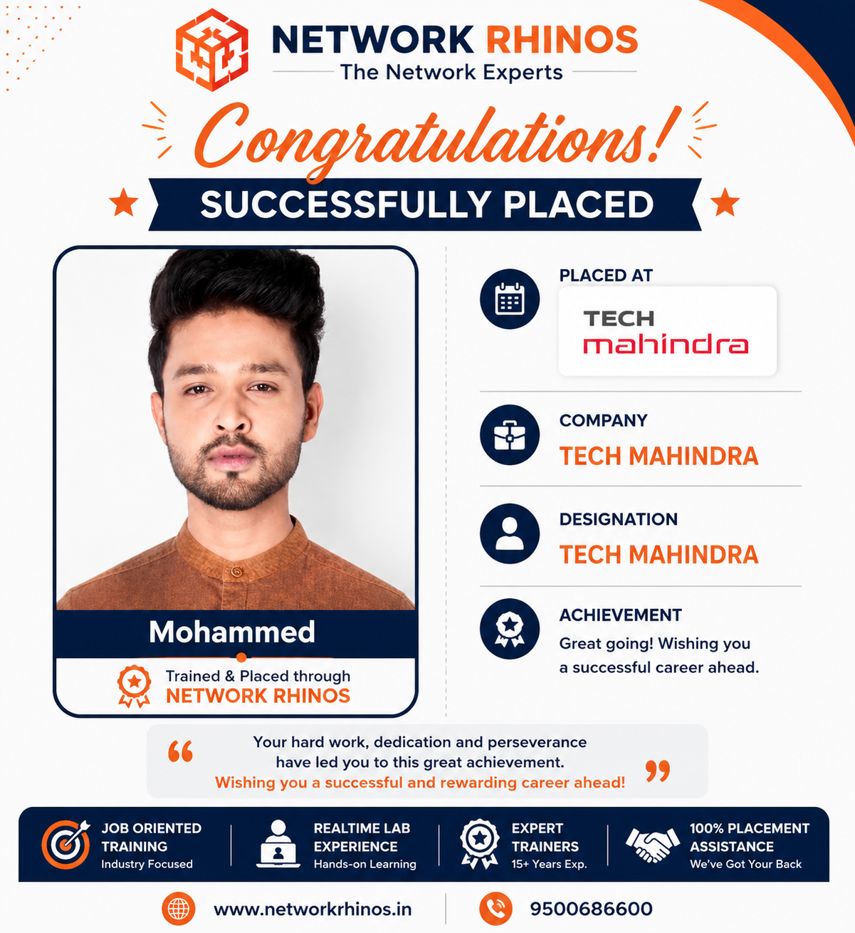 Mohammed placed at Tech Mahindra after Network Engineer training at Network Rhinos